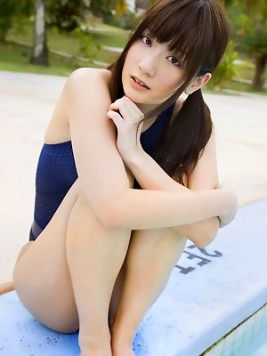 Anna Nakagawa Asian touches pussy in bath suit of the pool bars